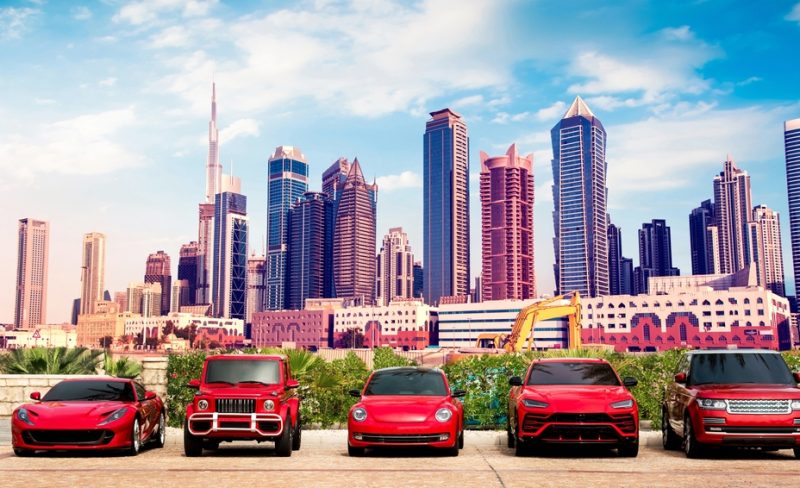 Fascinating,Cityscape,With,Expensive,Luxury,Red,Cars,In,The,Parking